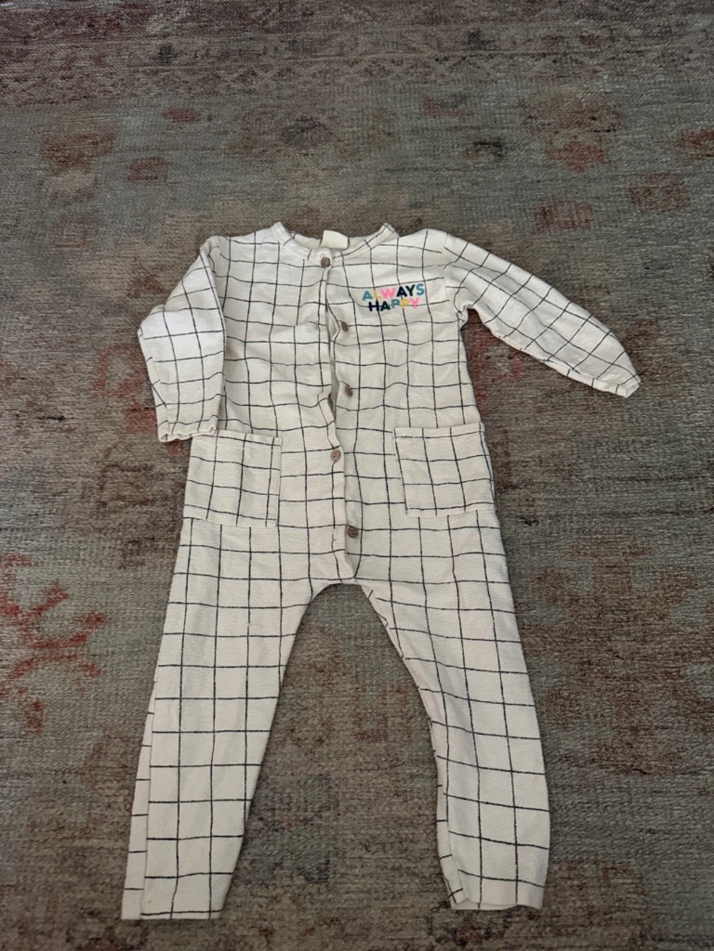Zara Cream & Black Grid-Print Kids One-Piece Footie